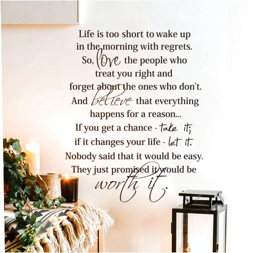 MoharWall Life is Too Short to Wake Up in The Morning with Regrets,Inspirational Wall Decal Quotes,Living Room Bedroom Saying Sticker Wall Art Decor, 23 X 28In