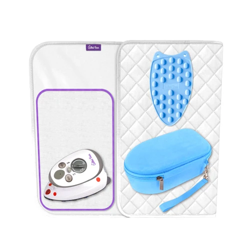 The Quilted Bear Mini Iron, Iron Rest & Ironing Mat - Lightweight Mini Steam Iron with Hard Shell Travel Case, Heat Resistant Silicone Iron Rest & Travel Ironing Mat (Blue)