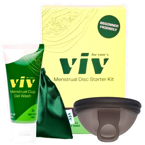 VIV FOR YOUR V. Viv For Your V Premium Soft Menstrual Disc Kit, Flexible Small Period Disc with Ring for Easy Removal, Cleansing Gel Wash, Travel Pouch, Comfortable 12 Hour Wear, Reusable, Medical Grade Silicone