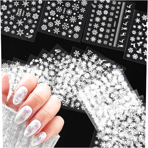 CEWEWP 30 Sheets Christmas Nail Art Stickers Decals 3D Self-Adhesive Snowflake Nail Stickers White Snowmen Santa Claus Elk Nail Supplies Xmas Big Snowflake Nail Transfer Decal New Year DIY Nail Decals
