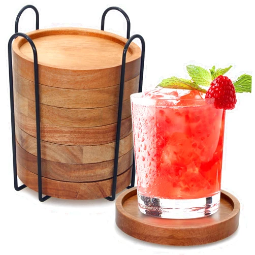 Renawe Rustic Wooden Coasters Set of 8 Farmhouse Coasters Acacia Wood Drink Coaster with Holder Cool Cup Coaster Modern Outdoor Bar Coasters Decorative Beverage Home Dining Coffee Table Decor Coasters Gift