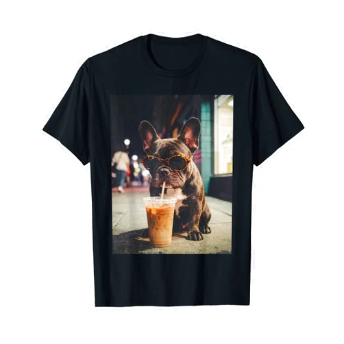 Funny French Bulldog Tees French Bulldog Drinking Iced Coffee Funny Animal T-Shirt