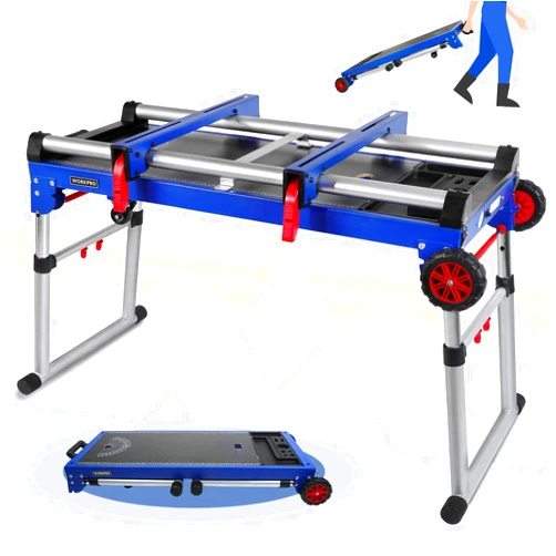 WORKPRO Miter Saw Stand, 5-in-1 Portable Workbench, Quick Folding Work Table with Detachable Miter Saw Stand & Height Adjustable Legs, Scaffold/Dolly/Creeper/Platform for Woodworking, Repair, Masonry