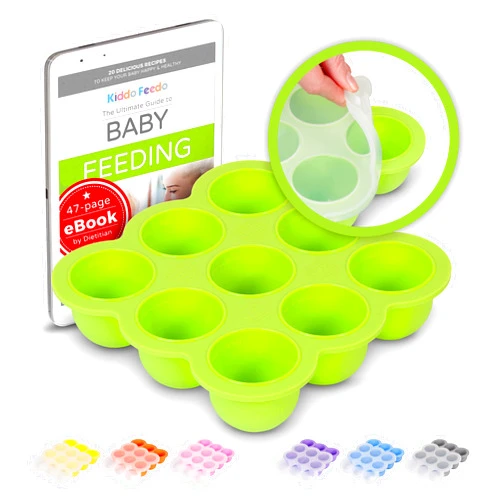 Kiddo Feedo Baby Food Freezer Tray with Silicone Clip-On Lid - Free E-Book by Award-Winning Author/Dietitian - Green