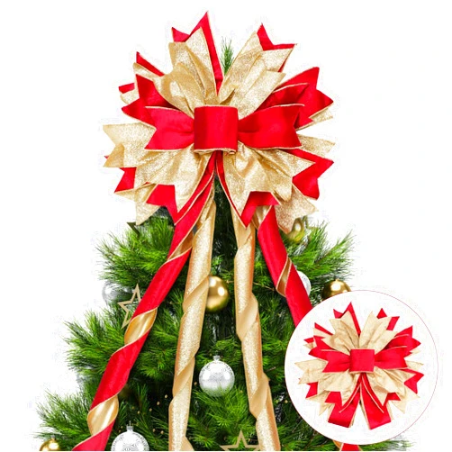 MMonDod Christmas Tree Topper Bow with Streamers, 53x13 Inches Xmas Large Topper Bow Red Velvet Bows with Glitter Powder for Xmas Ornament Indoor/Outdoor Decor
