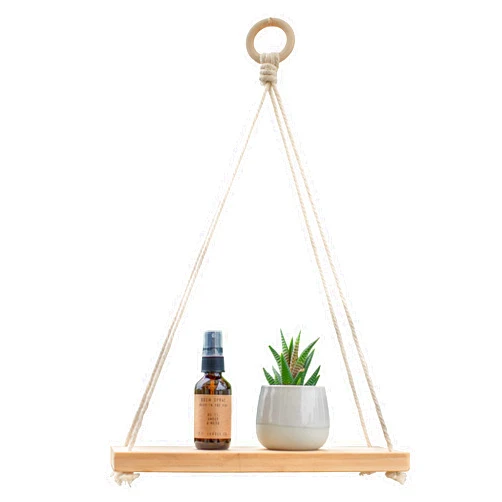 Kuratere Bamboo Hanging Wall Shelf - Indoor BoHo Plant Shelf - Macrame Rope 12 Inch Eco Friendly Wooden Floating Shelves for Organized Bedrooms, Living Rooms, Closets or Bathrooms