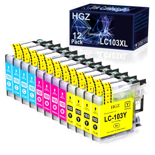 HGZ LC103XL Compatible Color Ink Cartridge Replacement for LC103 LC103XL Worked for MFC J870DW J450DW J470DW J650DW J4410DW J4510DW J4710DW J6720 (4 Cyan, 4 Magenta, 4 Yellow, 12 Pack)