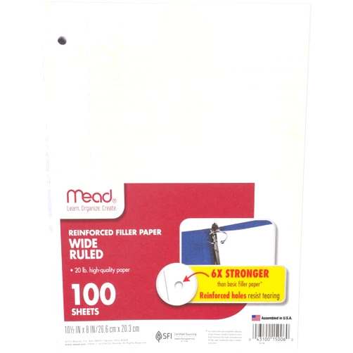 Mead Loose Leaf Paper, Notebook Paper, Wide Ruled Filler Paper, Reinforced, 8 x 10.5, 100 Sheets (15006), White