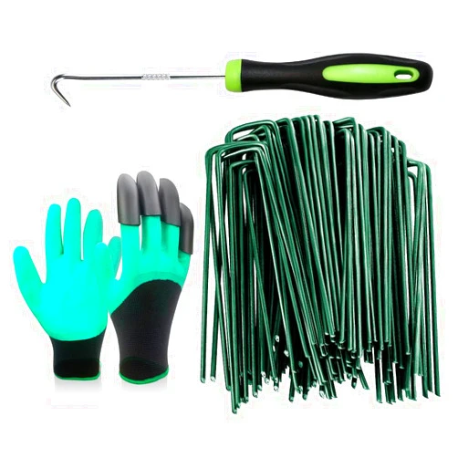 Bakulyor 100Pcs Green Landscape Staples 6 Inch Garden Artificial Turf Stakes Staples, 11 Gauge Lawn Galvanized Ground Fabric Pins for Weed Barrier Sod Decorations Holding Fence and Irrigation Tubing