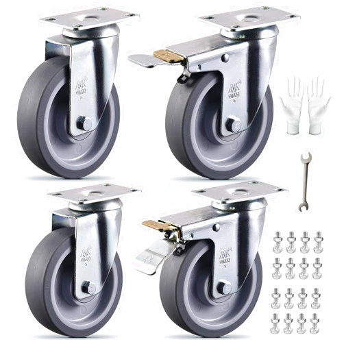 VM VIMA 5 Inch Castets Set of 4 Heavy Duty Caster Wheels with Brake 3000Lbs Swivel TPR Rubber Wheel Silent Castor Locking Industrial Plate Casters Wheels for Cart Furniture Workbench, Free Bolts and Nuts