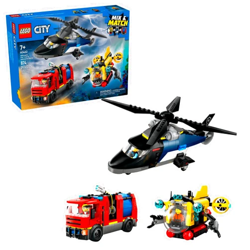 LEGO City Helicopter, Fire Truck & Submarine Remix Kids Toy - 3 Building Toys in 1 for Boys and Girls, Ages 7+ - Gift Idea for Birthdays and Holidays - with 3 Minifigures - 60462