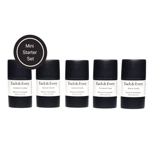 Each & Every 5 Minis Deodorant Starter Set | Aluminum-Free and EWG Verified | Sensitive-Skin Friendly, Free of Baking Soda and Alcohol, Plant-Based Packaging | (0.5 oz, Pack of 5)