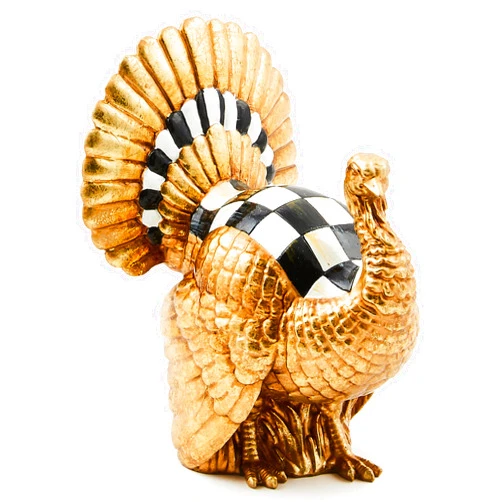 MACKENZIE-CHILDS Courtly Check Mini Gold Turkey Figurine, Resin Fall Home Decor
