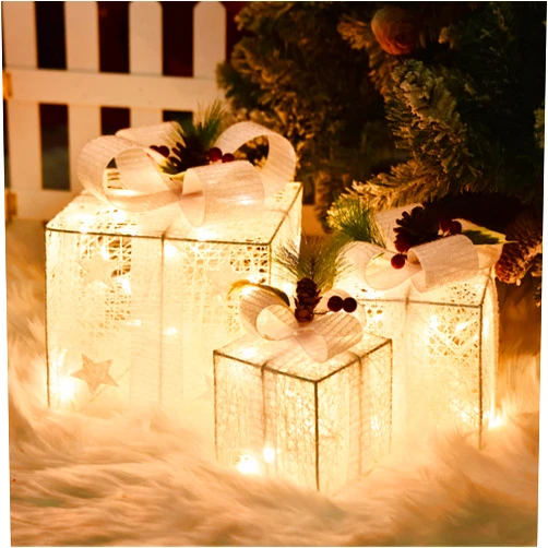 COVFEVER Christmas Lighted Gift Boxes with Star Ornament, 3 Pack Pre-lit Present Boxes Set Battery Operated with Different Sizes for Holiday Indoor Outdoor Decorations(White Bow)