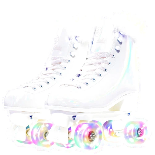 JajaHoho Roller Skates for Women, White Holographic High Top PU Leather Rollerskates, Shiny Double-Row Four Pearl Giltter Wheels Quad Skates for Girls and Age 8-50 Indoor Outdoor (White Swan)