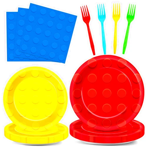CHUNNIN 96Pcs Building Block Birthday Party Supplies Building Bricks Tableware Sets Paper Plates Napkins Forks Building Block Dinnerware Set for Birthday Baby shower Party Decorations for Kids Boys 24 Guests