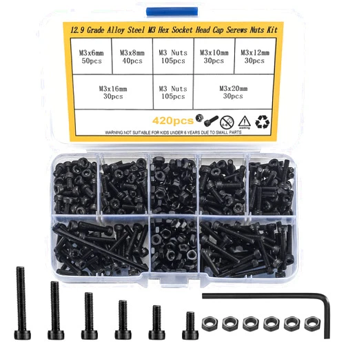 Bnnrjia M3 Screws and Nuts, 420 Pcs M3 Hex Socket Head Screws with Nuts Set, Black M3 Bolts and Nuts kit, Metric Machine Screw Assortment Kit for Home Industrial 3D Printer Nuts and Bolts