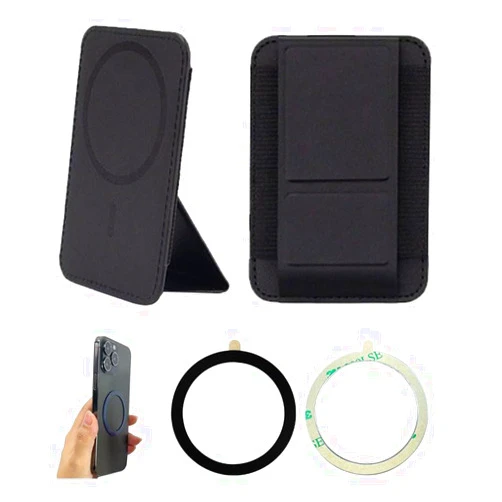 Fermido Set/2 Magnetic Wallet Stand with Metal Coil, Compatible with All Phones and Phone Cases, Detachable Mag Safe Phone Wallet Stand Magnet Card Holder Fits 7 Cards (Black Set)
