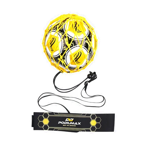 PodiuMax Hands-Free Soccer Kick/Throw Trainer, New Ball Locked Net Design, Adjustable Waist Belt & Cord Suit for All Levels (Fits Ball Size 3, 4, 5)