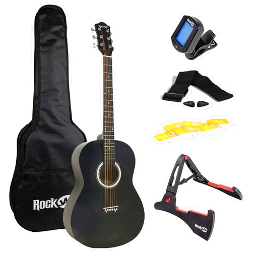 RockJam Acoustic Guitar Superkit Includes Stand, Gig Bag, Tuner, Picks, Plectrum Holder, Spare Strings & Online Lessons 6 Pack, Right, Black, Full (RJW-101-BK-PK)