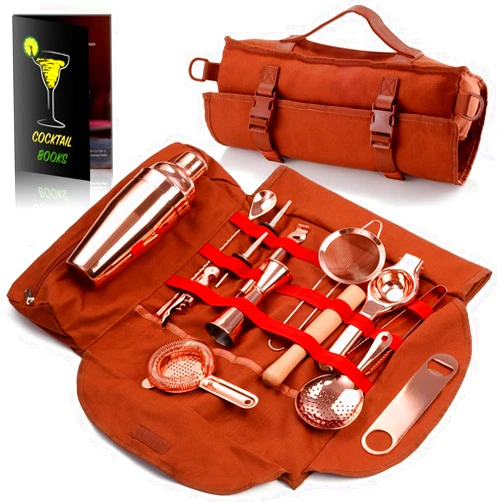 Eligara Travel Bartender Kit with Bag | 17-Piece Copper Bar Tool Set & Portable Bar Bag with Shoulder Strap for Easy Carry and Storage | Best Rose Gold Travel Bar Set for Cocktail Making