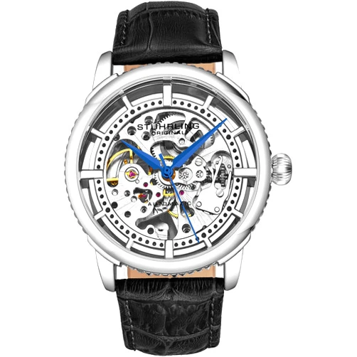 Stuhrling Original Mens Automatic Watch Skeleton Stainless Steel Self Winding Dress Watch with Premium Leather Band Legacy Collection