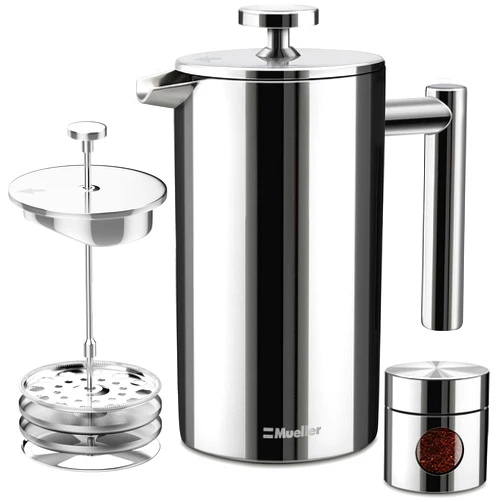 MuellerLiving French Press Coffee Maker 34oz, Stainless Steel French Press Coffee, 4 Filter Heat Resistant Double Insulated, Rust-Free, Food Grade, Dishwasher Safe Coffee Pot