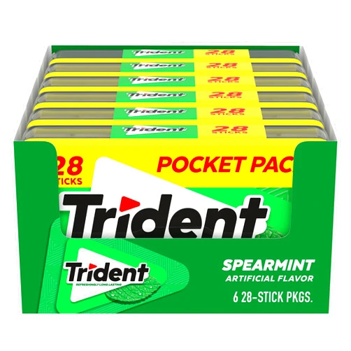 Trident Spearmint Sugar Free Gum, 6 Pocket Packs of 28 Pieces (168 Total Pieces)
