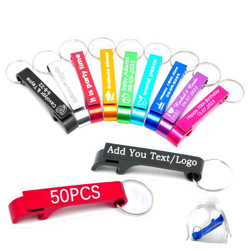 BEXOA EDC 100pcs Personalized Bottle Opener Keychain Bulk Custom Engraved Text/Logo Keychains Customized Beer Bottle Opener for Bar, Graduation,Party,Wedding Favors Gift (50pcs)