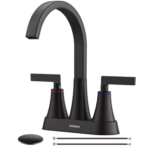 Hurran Matte Black Bathroom Sink Faucet, Hurran 4 inch Bathroom Faucets for Sink 3 Hole with Pop-up Drain and Supply Lines, Stainless Steel 360 Swivel Waterfall Faucet for Bathroom Sink Vanity RV Restroom