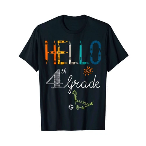 Funny School Outfits by Alice Ron Hello 4th Grade - Funny Vintage Dinosaur First Day of School T-Shirt