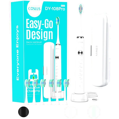 COSLUS Electric Toothbrush for Adults and Kids: Wireless Rechargeable Tooth Brush for Kid Ages 12+ and Adult with Portable Travel Case, 5 Modes 47000 VPM Power Toothbrushes 6 Brush Heads White