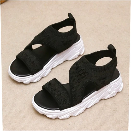 IRCHA Womens Wedge Sandals Mesh Upper Slingback Sport Sandals Ankle Elastic Sneakers Comfortable Platform Soft Sole Open Toe Fish Mouth Sandals Casual Daily Dress Shoes,Black,US11/EU42