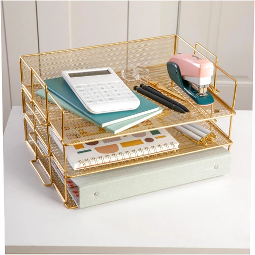Martha Stewart Ryder 3 Tier Desk Letter Tray Organizer, Stackable Steel Mesh Inbox Tray for Files, Papers, or Letters, Gold