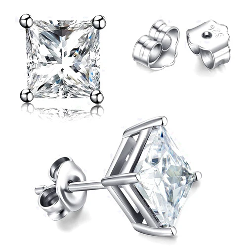 TTVOVO 925 Sterling Silver Stud Earrings Princess Cut Cubic Zirconia Sparkling CZ Diamond Earrings for Women Men Ear Studs Piercing Earrings Nickle-Free Hypoallergenic Jewelry Gifts 4MM-8MM Available