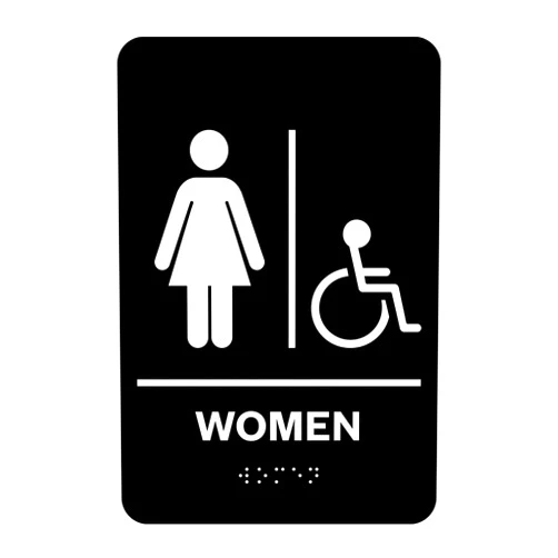 Factory Crafts | Self Stick ADA Unisex Bathroom/Restroom Sign Men and Women with double sided tape | Handicap Symbol | ADA compliant with Braille | Black 9