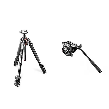 Manfrotto MT190XPRO4 Aluminum 4-Section Tripod,Black & MVH500AH, Lightweight Fluid Video Head with Flat Base, Sliding Plate for Rapid Camera Connection, Supports Multiple Tripods Alu 4 Section Tripod + Video Head