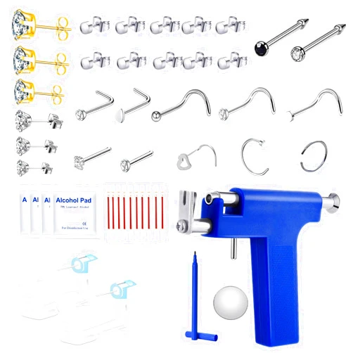 Rebim Reusable Ear Piercing Kit Needles Button Piercing Kit with Silver Earrings with free 2 Pcs Self Nose Piercing Gun Kit Safety Nose Piercing Kit Tool and 10pcs Nose Rings