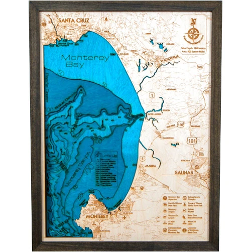 TahoeWoodMaps.com Beautifully Detailed! Monterey Bay Area 3-D Wood Map