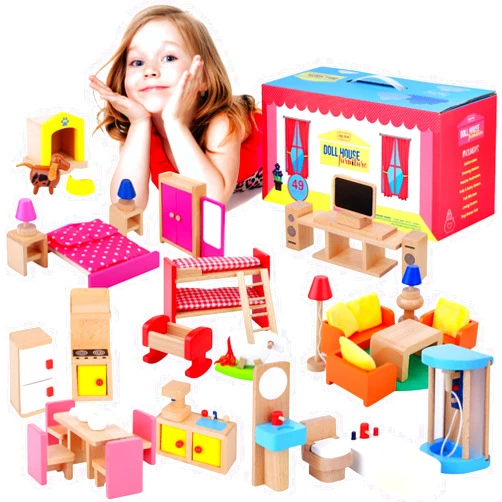 LOLO TOYS Premium Wooden Dollhouse Furniture Set –49PCS, 7 Rooms– Doll House Furniture and Accessories Set