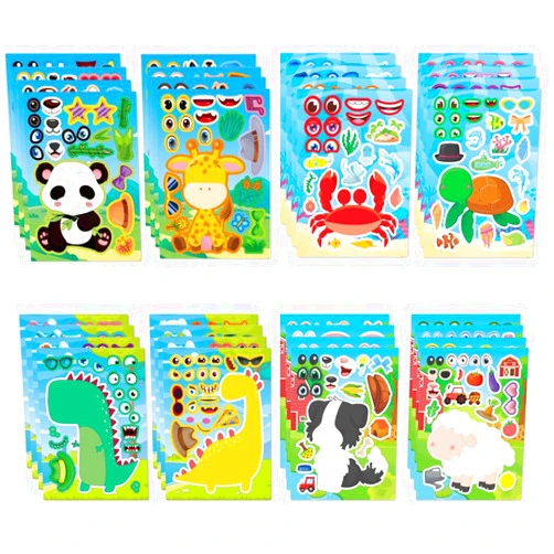 THEMEPT Zoo Animals Sea Ocean Fish Dinosaur Farm Animal - 4 Themes 32 Sheet Make Your Own Stickers for Kids - Assorted Multicolor - Time Alternative Creative Party Favors