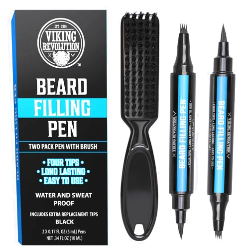 Viking Revolution Beard Pen (2 Pack) - Black Beard Pencil Filler for Men Lapiz para Barba de Hombre - Beard Filler for Men Waterproof Beard Filling Pen Kit - Long Lasting Beard Filler Pen with Brush