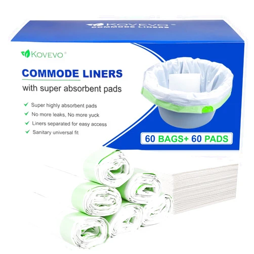 Kovevo 60 Pack Commode Liners with Absorbent Pads, 60 Bedside Commode Liners and 60 Commode Pads, Portable Toilet Liners for Commode Bucket | Universal Fit | Make Cleanup Simple