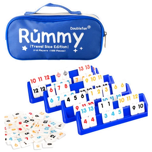 Doublefan Rummy set,Travel Size Rummy Game with Portable Bag, Mini Rummy Cube Game for Adult and Kids,160 Tiles, 6 Playing Rack, 1 Dice (2-6 Players)