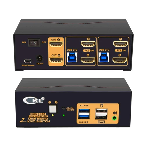 CKL 2 Port USB 3.0 KVM Switch Dual Monitor HDMI 4K 60Hz, Keyboard Video Mouse Peripherals Switcher for 2 Computers 2 Monitors with Audio 922HUA-3