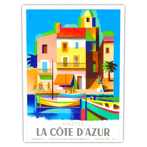 Pacifica Island Art Visitez (Visit) La Côte D'Azur - France - French Riviera - Vintage Travel Poster by Jacques Nathan-Garamond c.1953 - Master Art Print (Unframed) 9in x 12in