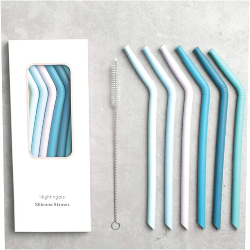 Nightingale Reusable Silicone Straws - Bendy Drinking Straw with Cleaning Brush - Collapsible and Bendable Travel Straw for Kids - Tumbler Straw, Food-Safe - Set of 6 - Marine