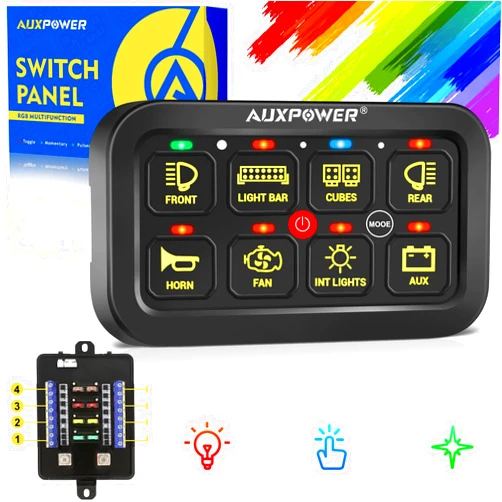 Auxpower RGB 8 Gang Switch Panel B28 with Toggle Momentary Pulsed Modes Both Sides Output Switch Pod Backlit Off Function and Automatic Backlit Offroad Switch Box for Boat Car Truck 12-24V Waterproof