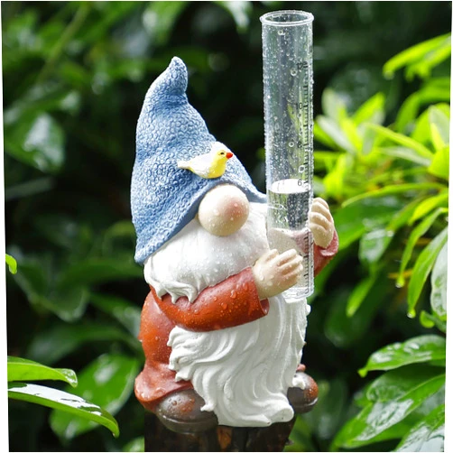 FORUP Resin Gnome Rain Gauges, Resin Gnome Garden Statue with a Plastic Rain Gauge, Hand Painted Gnome Sculpture Water Gauge for Rain
