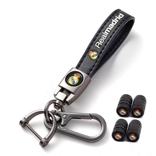 Dingshenchukong Leather Car Keychain for Football Fans, Car Key Fob Accessories with 4PCS Car Tire Valve Stem Covers